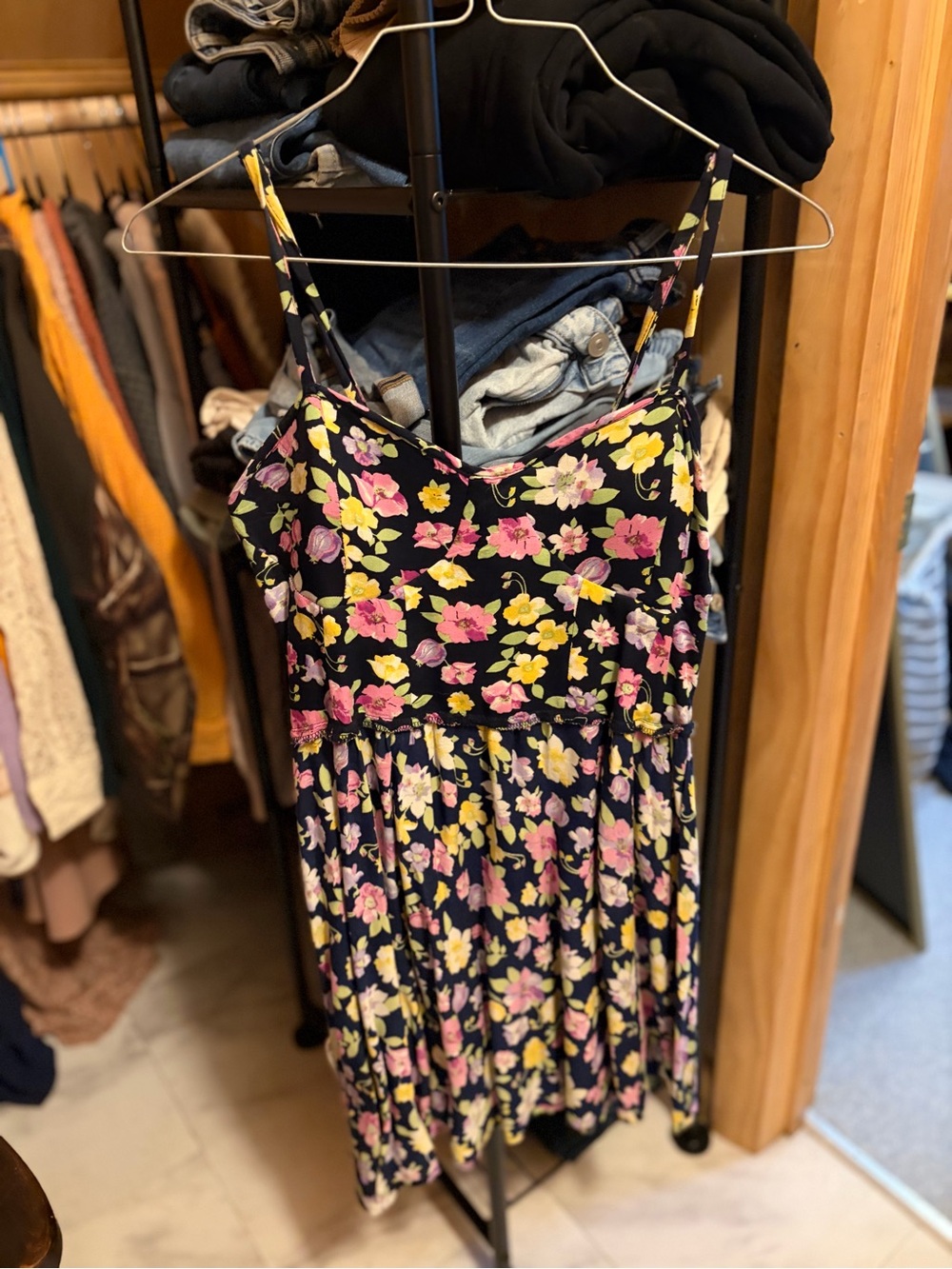 Floral Spaghetti-Strap Mini Dress in Black with Pink & Yellow Flowers